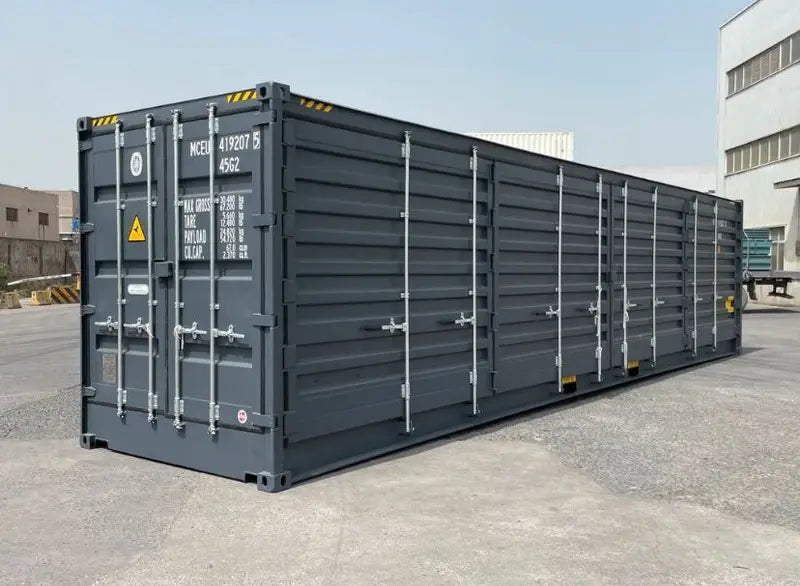 Neuer 40-Fuß-Seecontainer mit offenen Seiten, grau