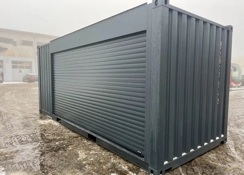 20-Fuß-Container mit Rolltoren und Eingangstür RAL 7016-C